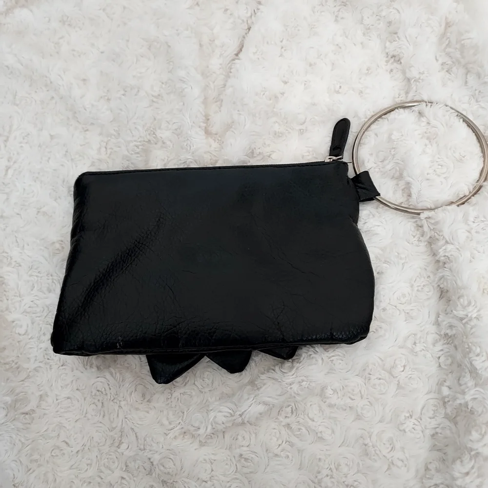 Giannini Black faux leather wrist bag Purse 3D floral detail Artsy Unique Quirky